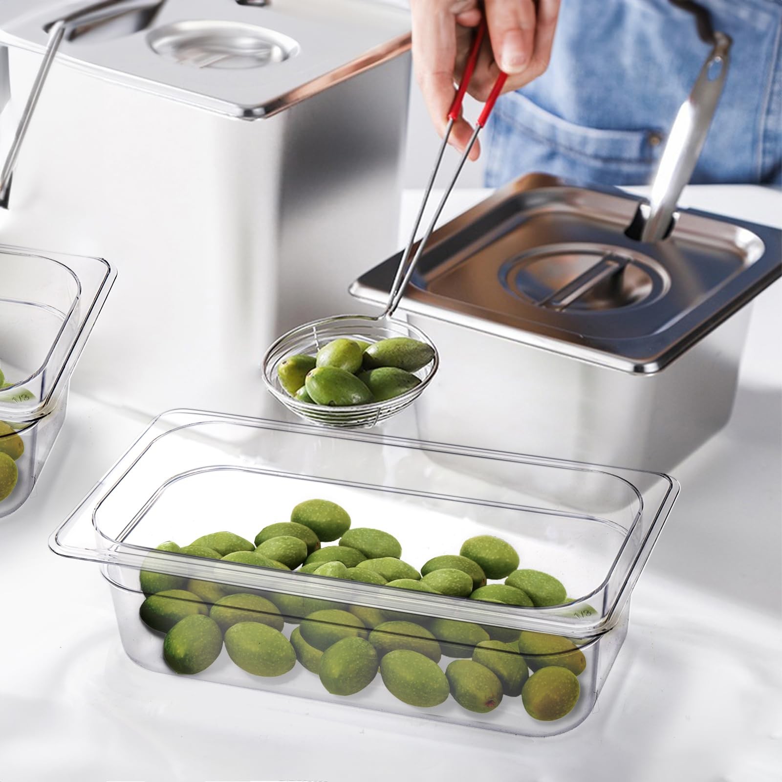6 Pack Plastic Clear Food Pans with Lids, 1/3 Size 4 Inch Deep Stackable Comm…