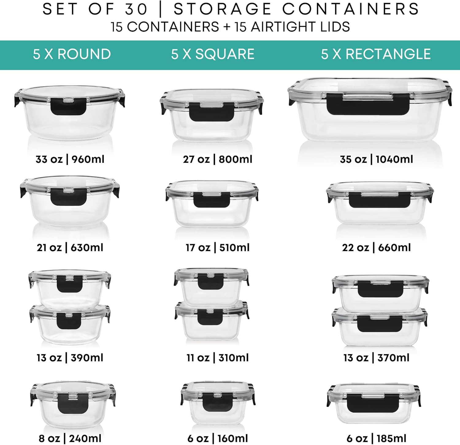 30 PC Glass Food Storage Containers with Lids – Reusable Glass Meal Prep Contain
