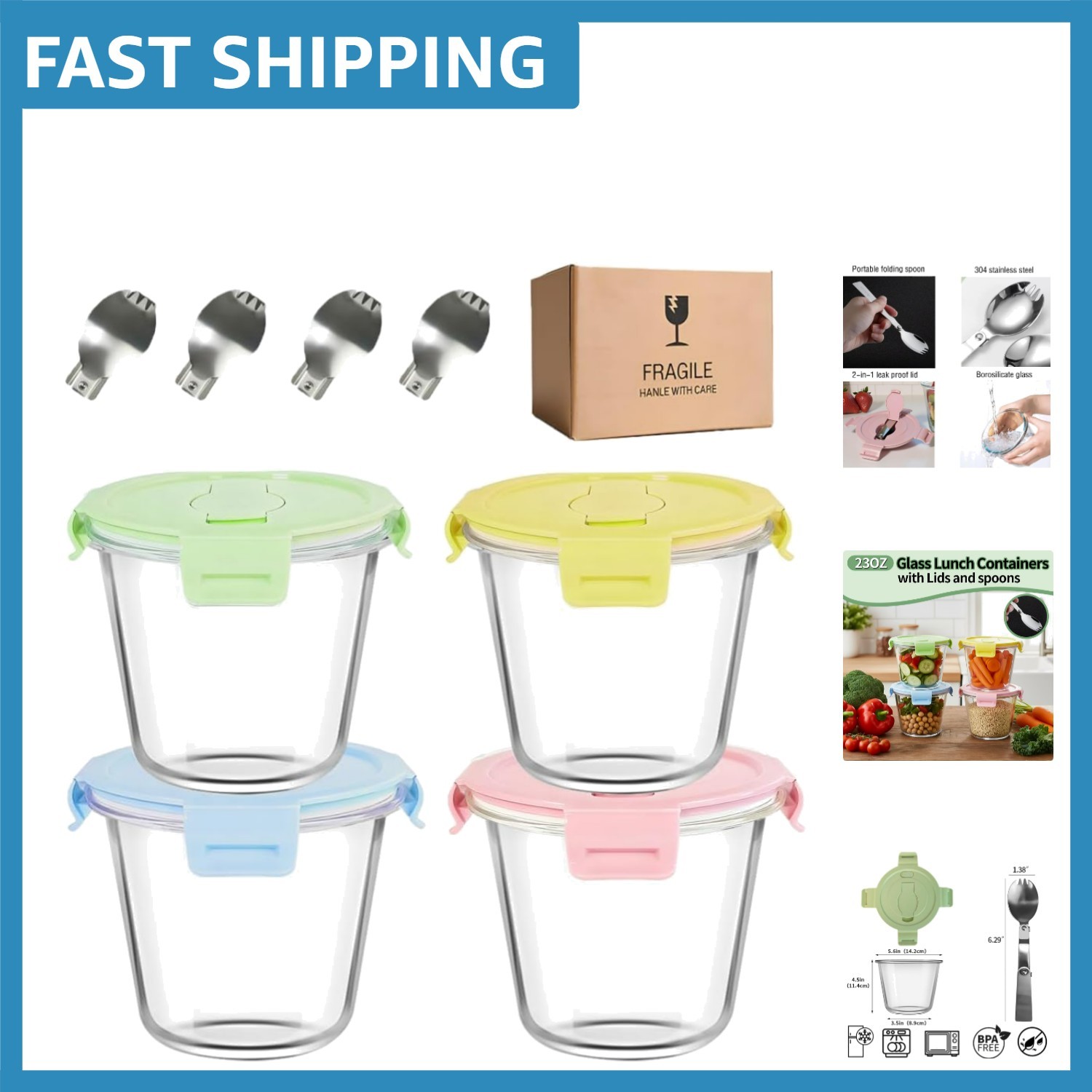 Stackable Leakproof Glass Containers – 3 Cup Round Meal Prep Bowls (24oz) 4 Pack