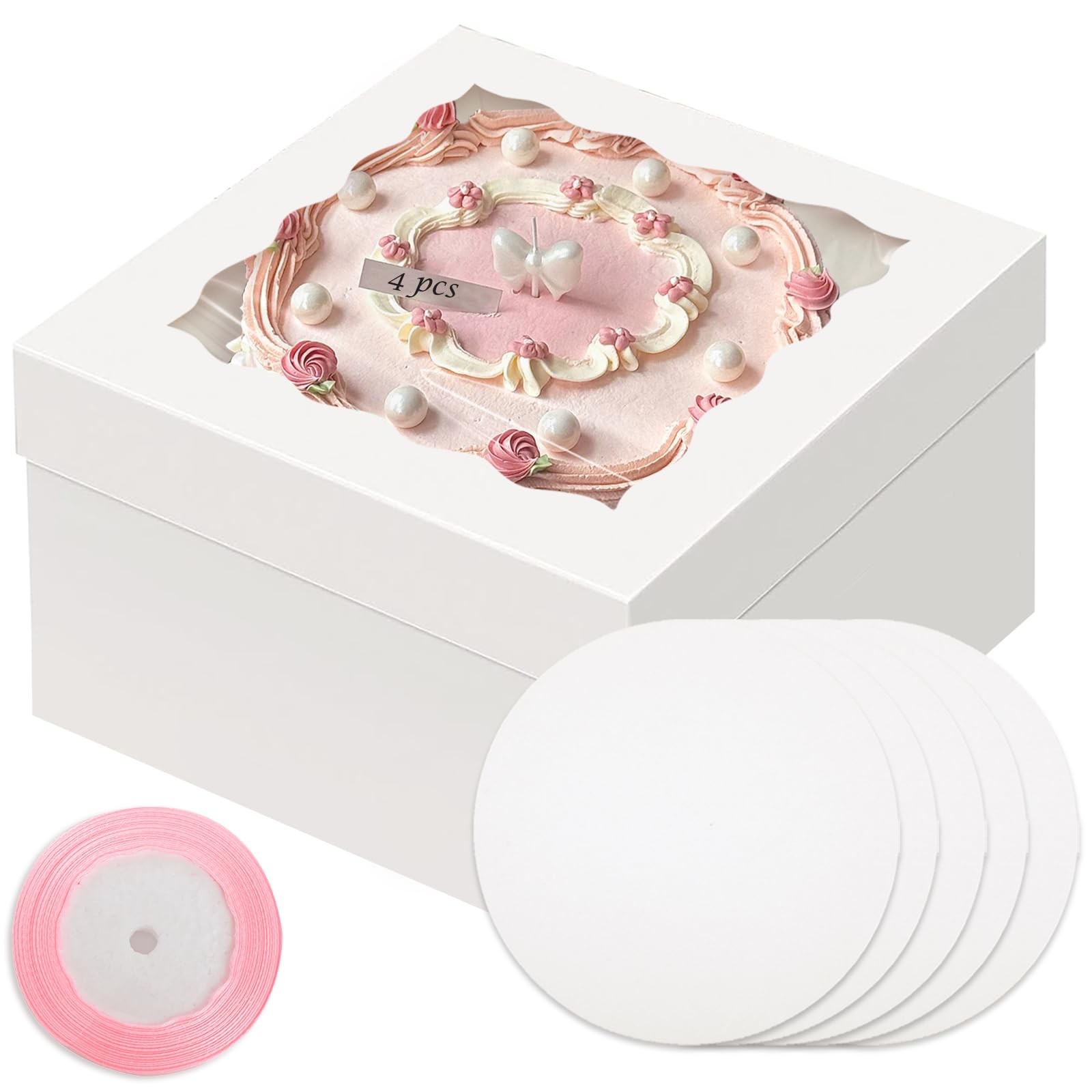 4 Sets 10x10x8 Inch White Cake Bakery Boxes Window 4 Boards Ribbon Container