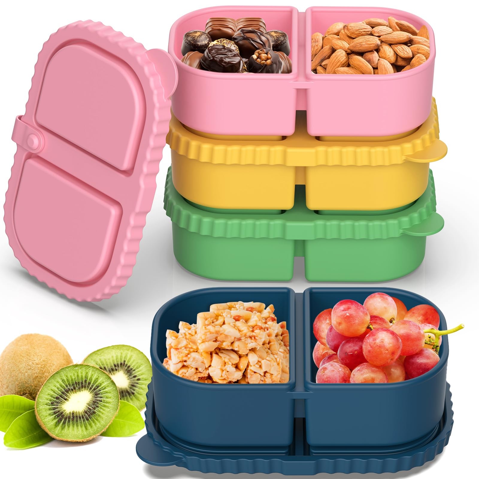 4 Pack Silicone Snack Containers with Lids, Double Compartment Snack Containe…