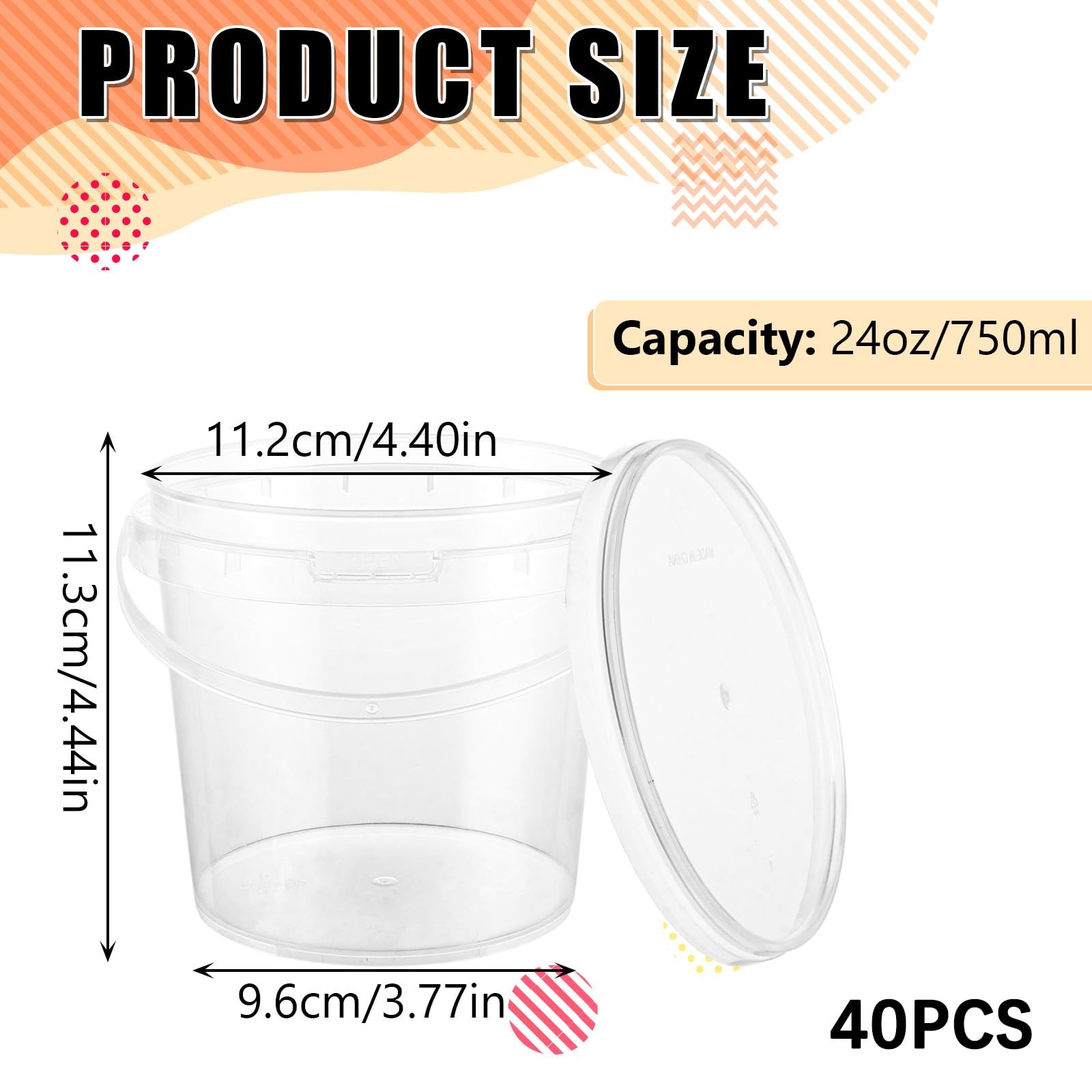 40PCS 24 Oz Plastic Ice Cream Containers 750ml Clear Buckets with Lids and Ha…
