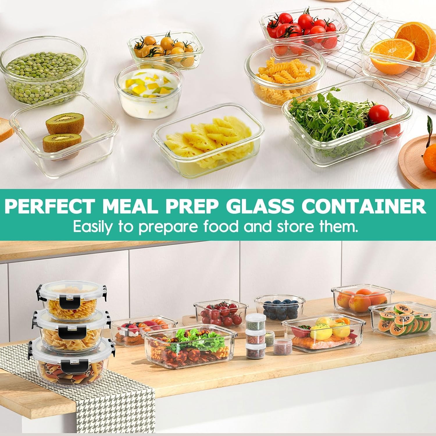 34pcs Glass Food Storage Containers W/ Lids Set Airtight Glass Prep Containers