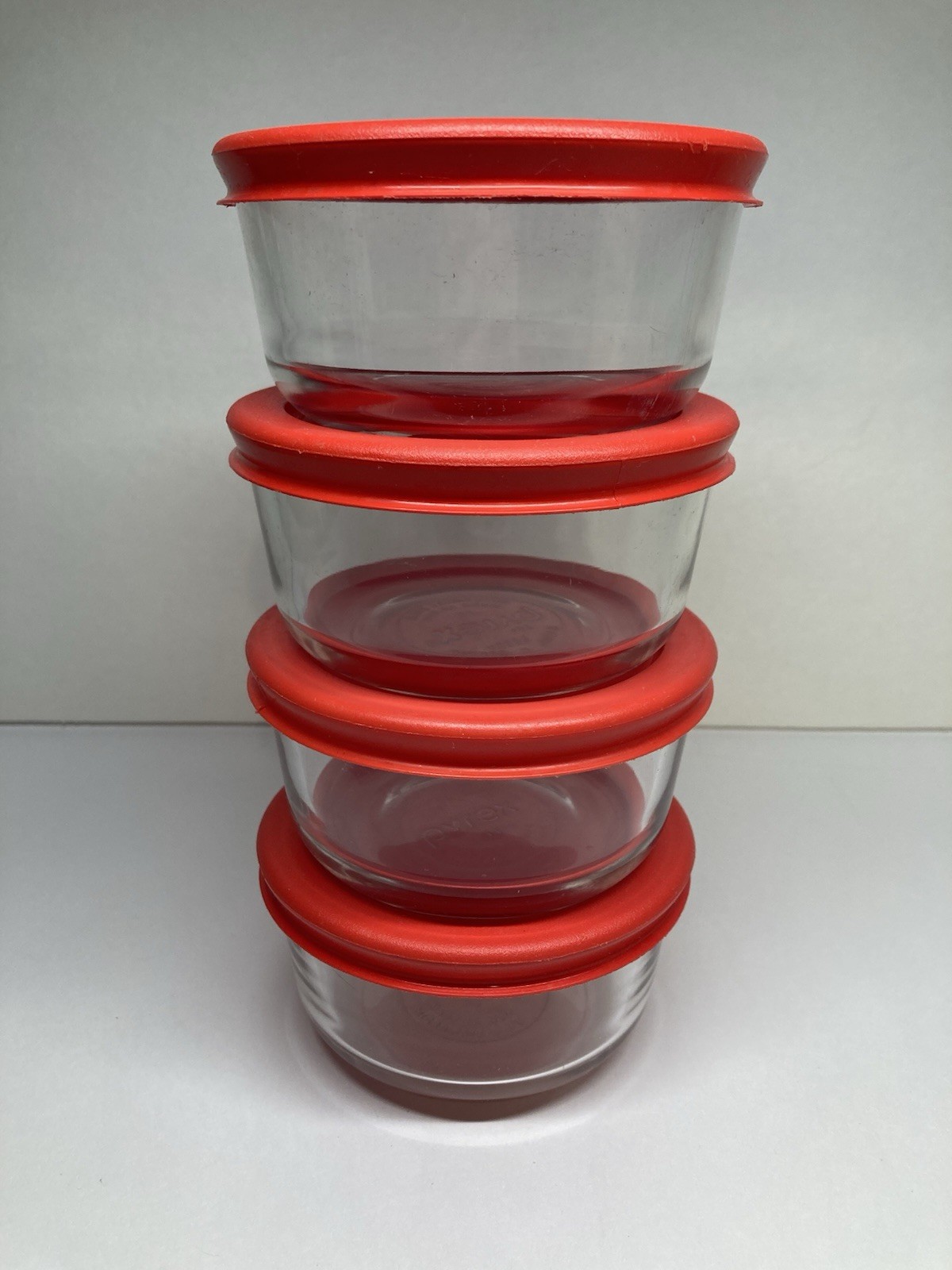 Pyrex 3” Round Storage Containers (4) 7202A & 7202-PC Red Lid