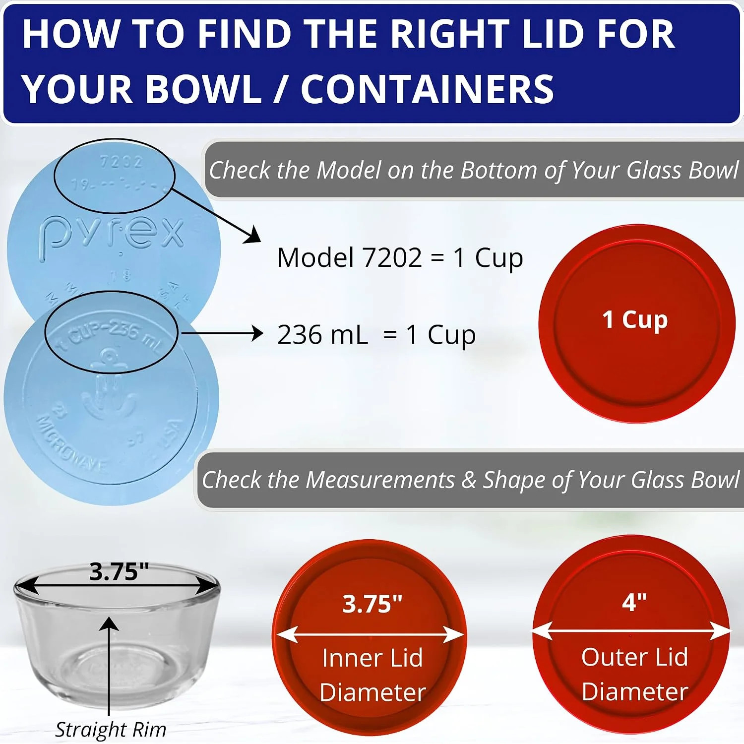 1, 2 & 4 Cup Red Replacement Lids/Covers for Pyrex, Anchor Hocking & KlareWare S