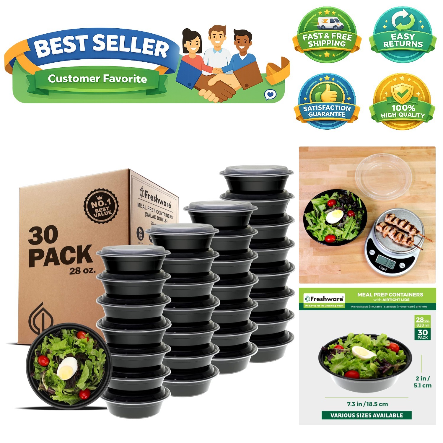 Meal Prep Bowl Containers [30 Pack] Plastic Bowls with Lids for Soup and Sala…