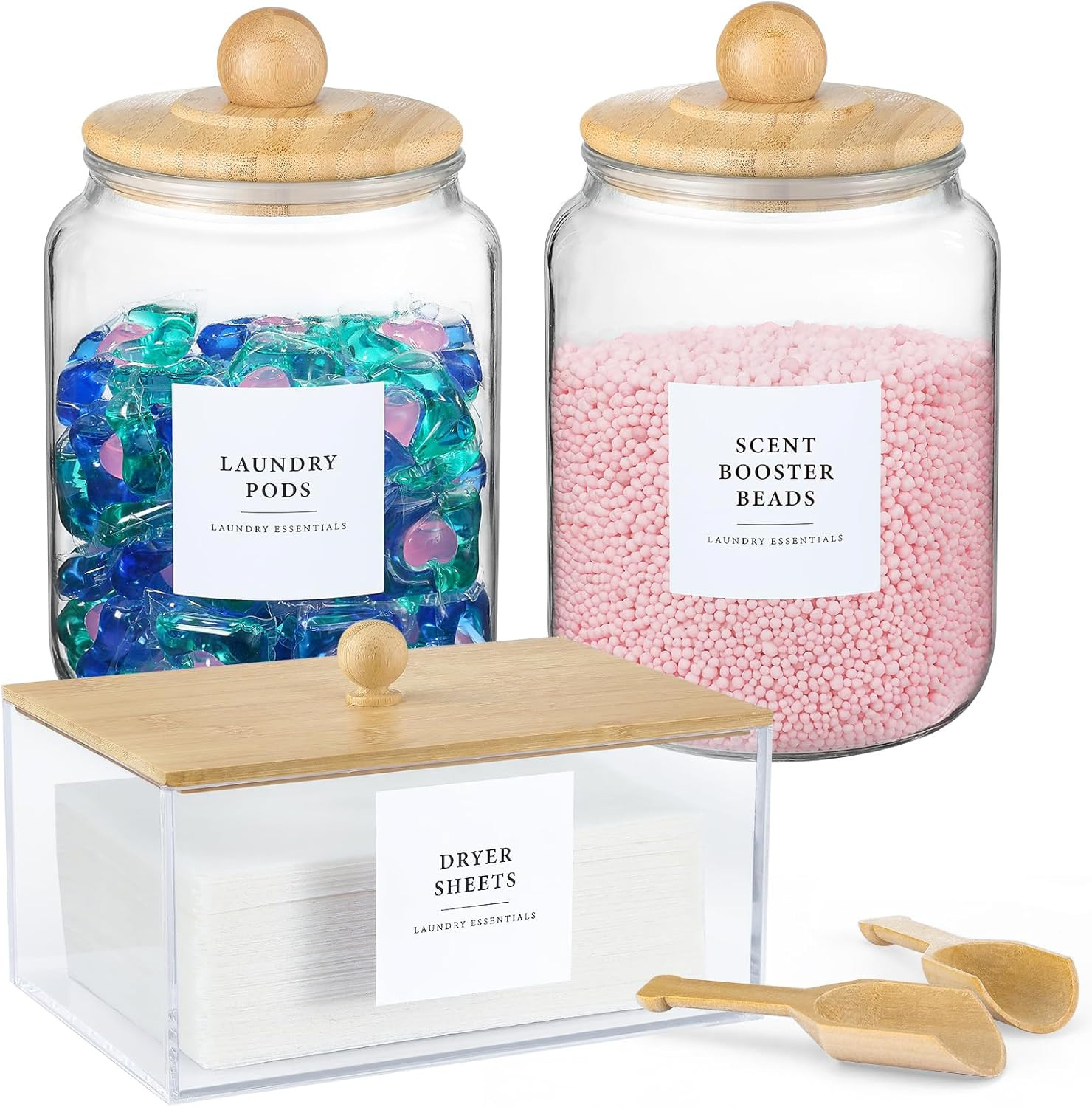 Glass Jars and Dryer Sheet Holder with Bamboo Lids, Dispenser Set and Labels, Co