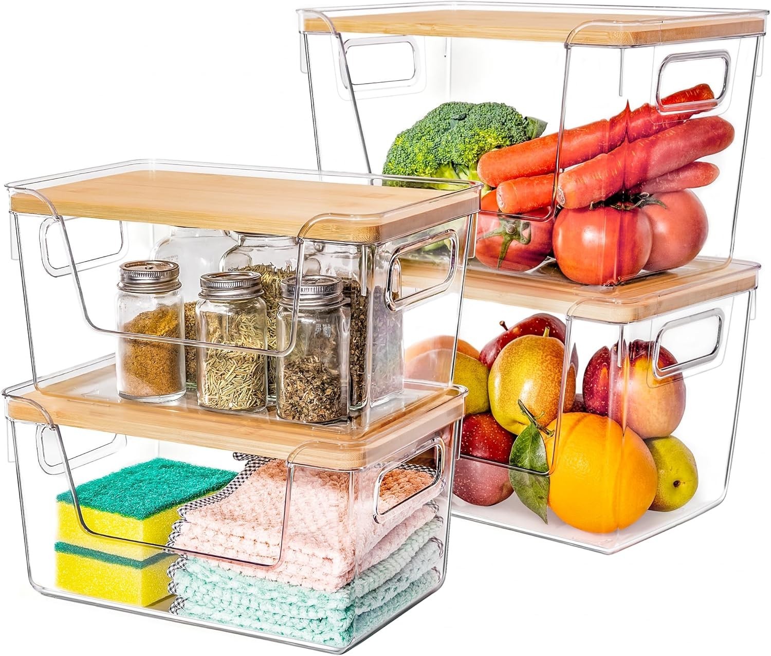 2 Set Pantry Organizers & Storage W/ Bamboo Lids Stackable Clear Bins Onion