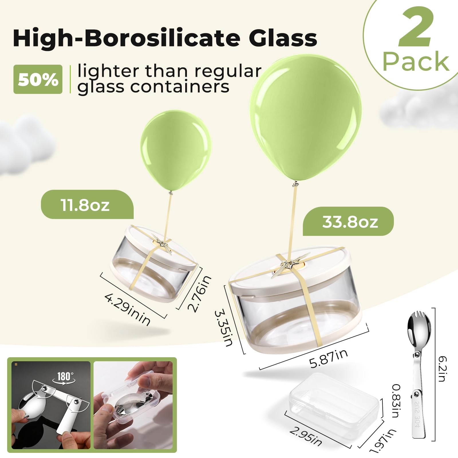 Glass Food Storage Containers with Airtight Lids, 33.8oz & 11.8oz High-Borosi…