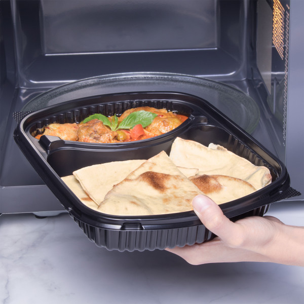 Karat 36oz PP Plastic Microwaveable Black Take Out Box, 2-compartments – 300 pcs