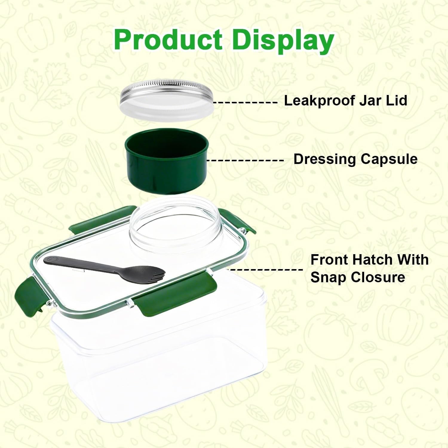Spynza 34oz Salad Lunch Container Meal Prep Bowl Dressing Cup Fork Green NEW