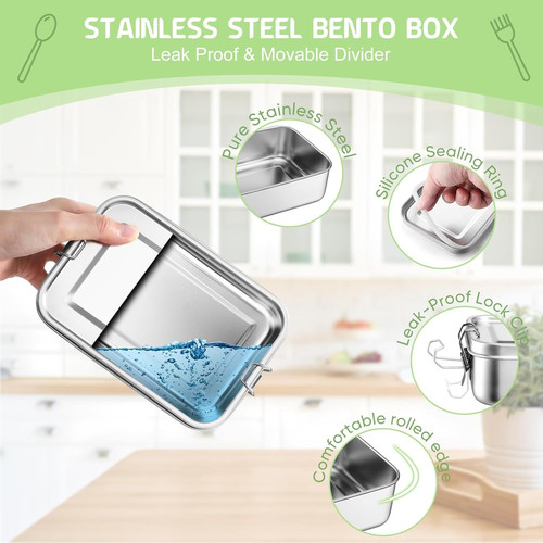 TeamFar Stainless Steel Bento Box, 28oz/850ML Small Metal 850ML, Silver