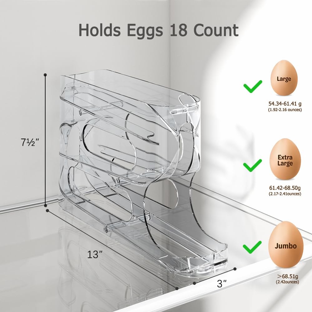 Sotfamily Clear Egg Holder for Fridge, Auto Rolling Egg Dispenser for Eggs 18 Co