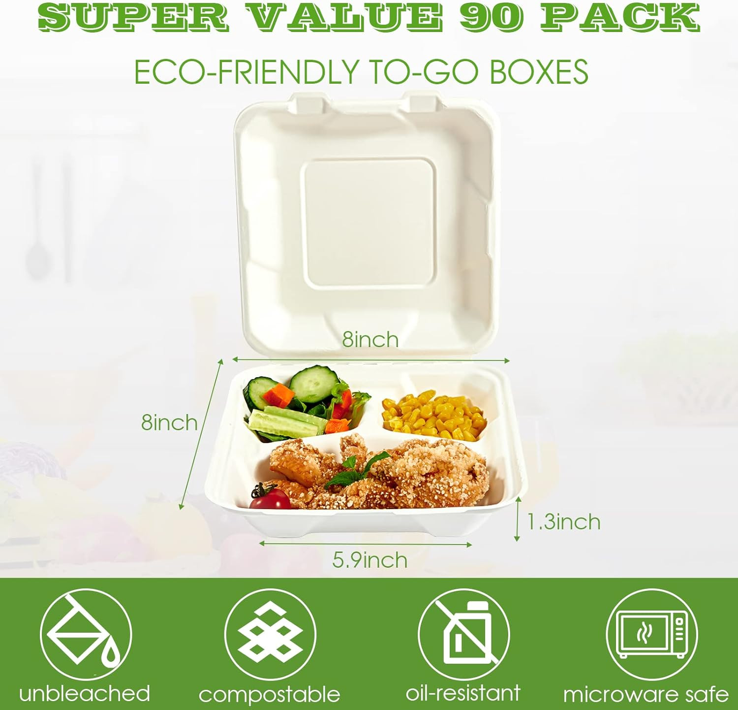 Vplus 100% Compostable Clamshell Take Out Food Containers, 90 PACK 8 Inch X 8 In