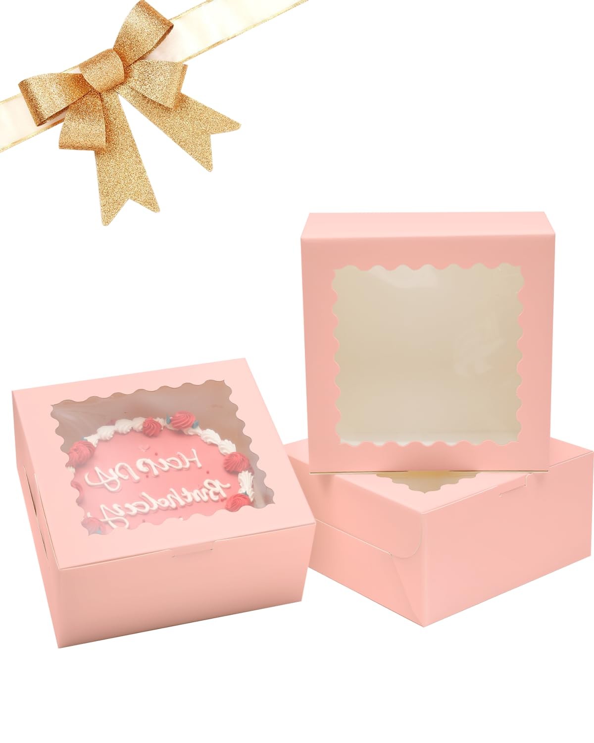 18 Pack 8x8x5 Pink Cake Boxes, Window, 18 Cake Boards Included, Bakery