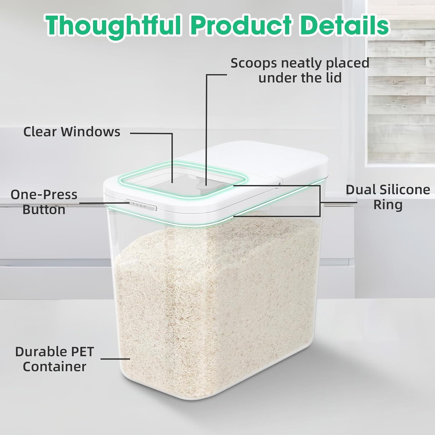 Rice Flour Storage Container with Automatic Flip-Up Lid 25 Lbs | 12.68 Qt, Tall