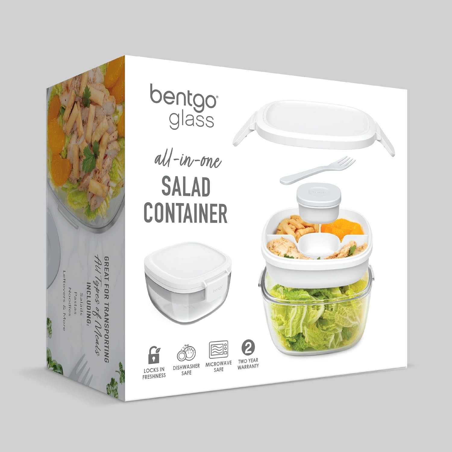All-in-One Glass Salad Bowl – Airtight 61-oz with Bento Tray & Sauce Container