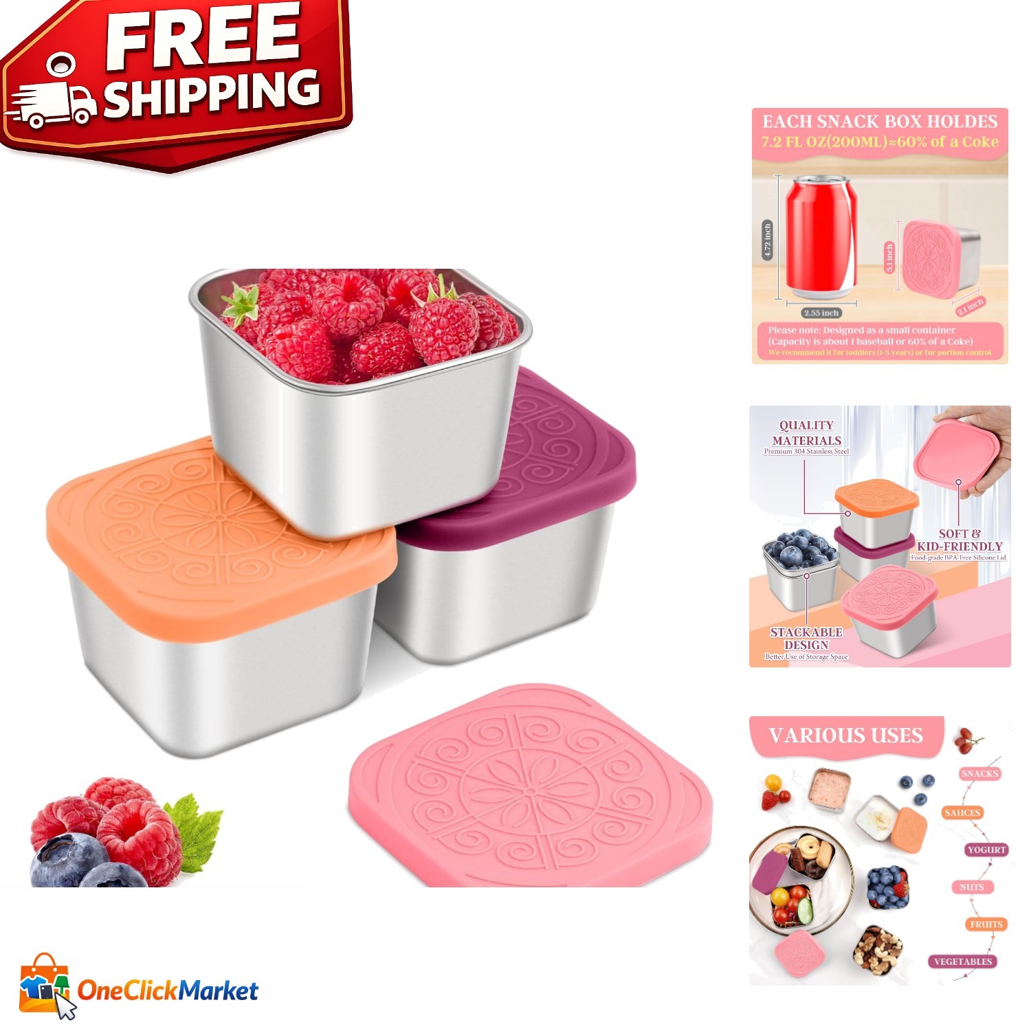 7.2oz Easy Open Kids Snack Box – Reusable Stainless Steel & Silicone Lid, 3 Pack