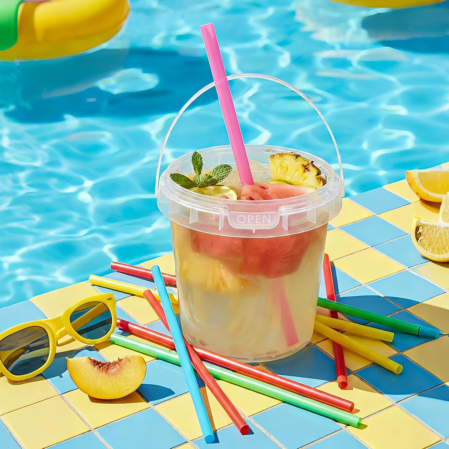 10 Pack 34Oz Clear Plastic Drink Buckets with Dual-Lid System, Reusable 1L Cups
