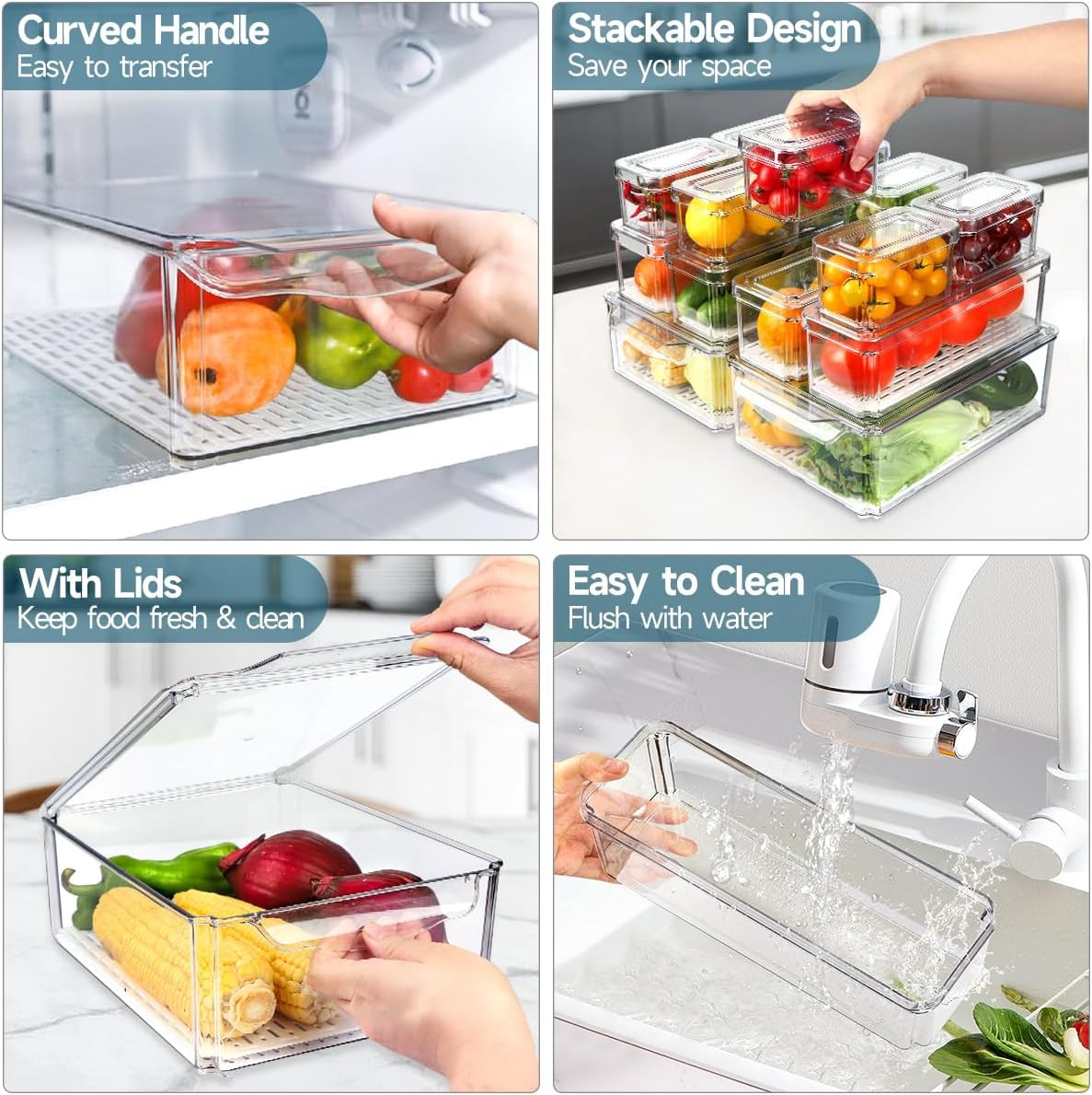 14 Pack Fridge Organizers and Storage – Refrigerator Organizer Bins with Lids, B