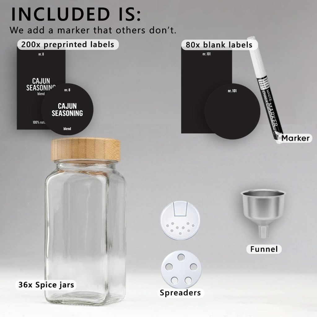 Glass Spice Jars with Bamboo lids 36set [LABELS incl] Spice Containers with L…