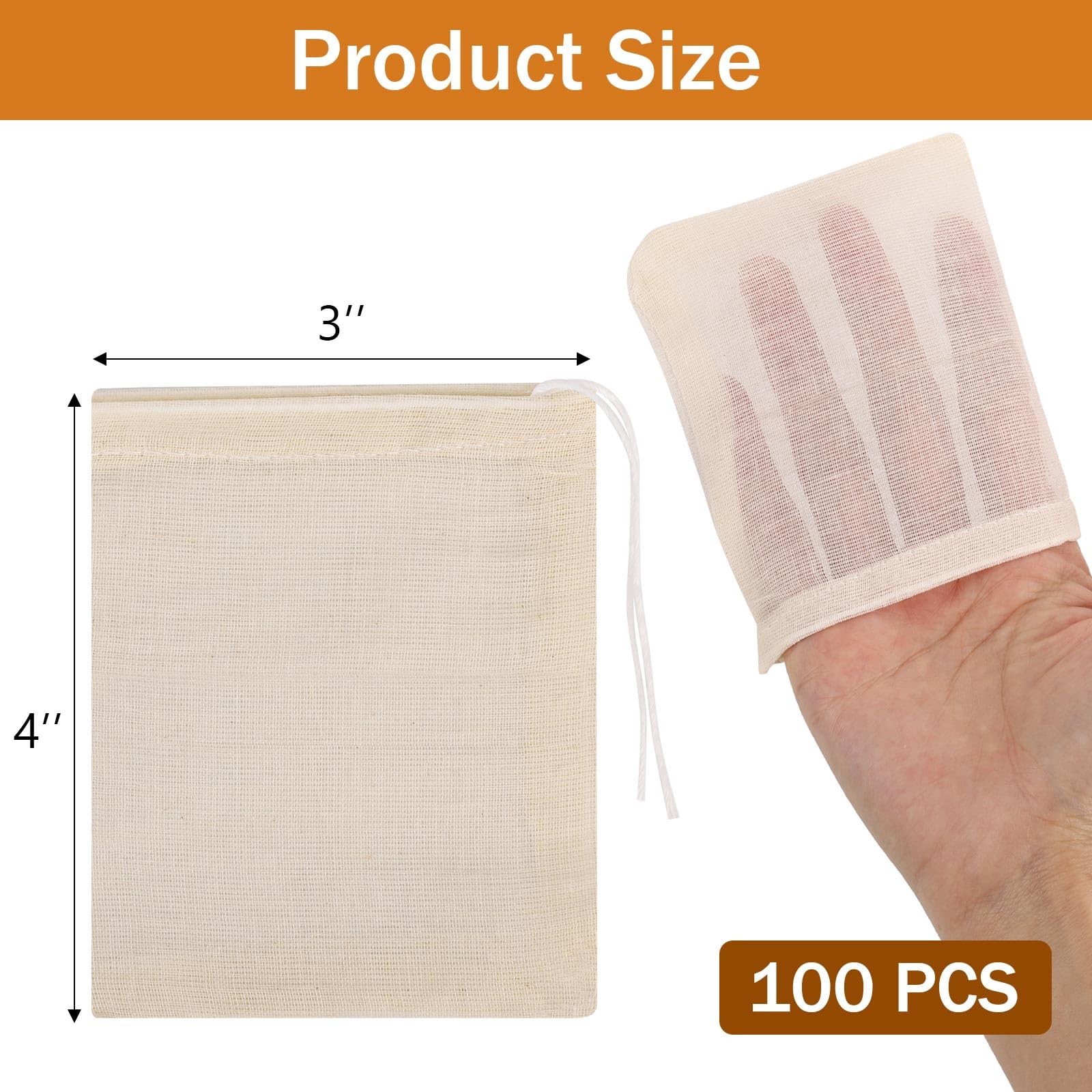 100Pcs Muslin Bags with Drawstring, 3×4 Inch Reusable Empty Tea S, White