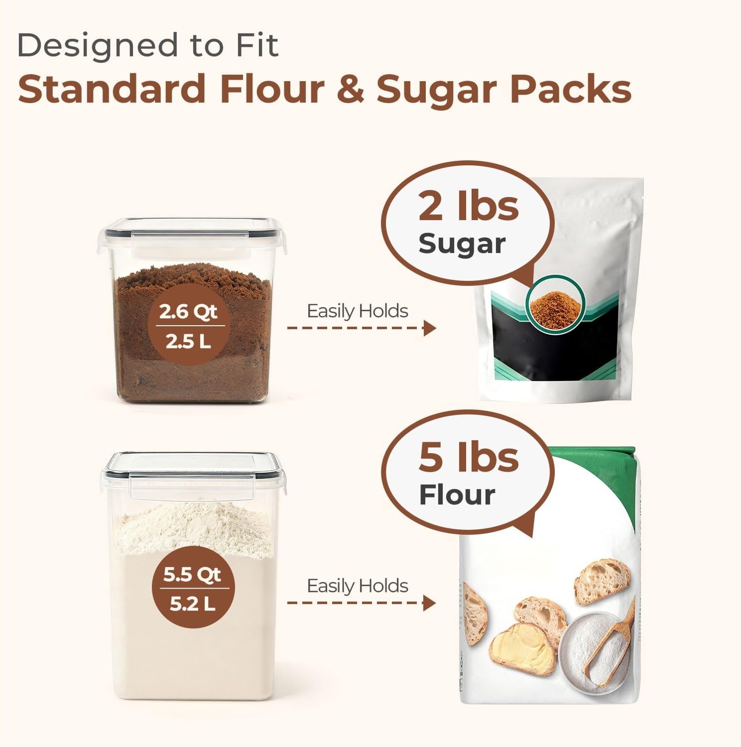 Flour Sugar Storage Containers Set of 3 5.2L/5.5Qt 2.5L/2.6Qt*2 Large Airtight