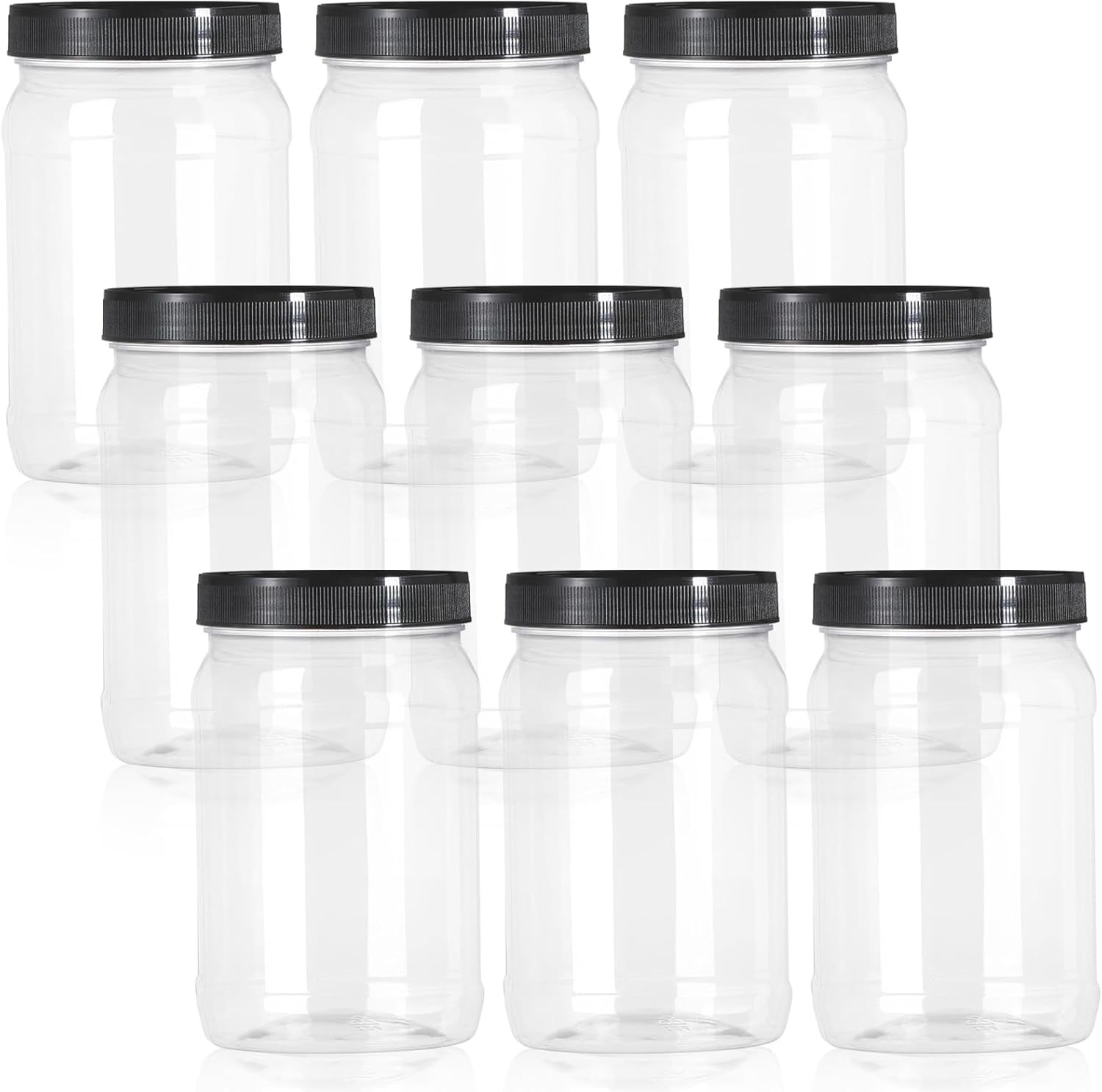 9 Pack 32 Oz Plastic Jars with Black Lids,Wide Mouth Clear Empty Plastic Storage