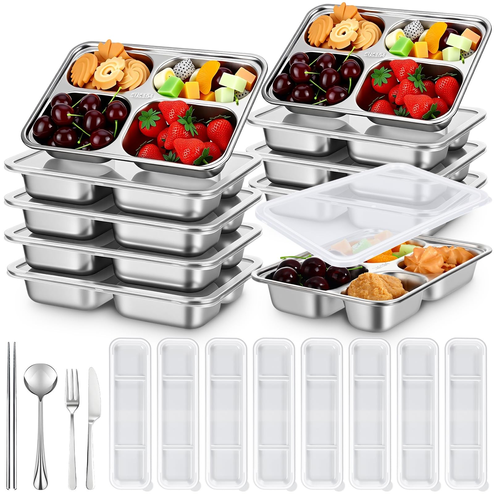 8 Pack Stainless Steel 4 Compartments Snack Bento Snack Boxes with Lids and 8…