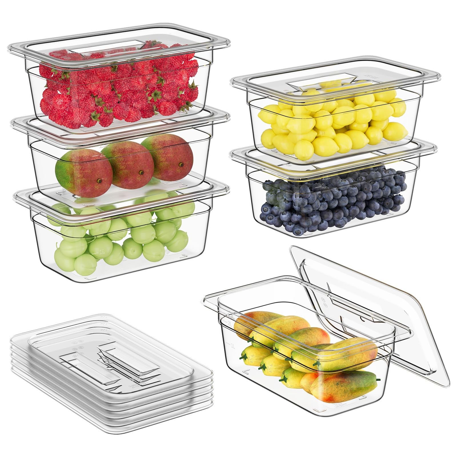 6 PCS 1/4 4 Inch Plastic Food Pans With Lids Clear Polycarbonate Stackable