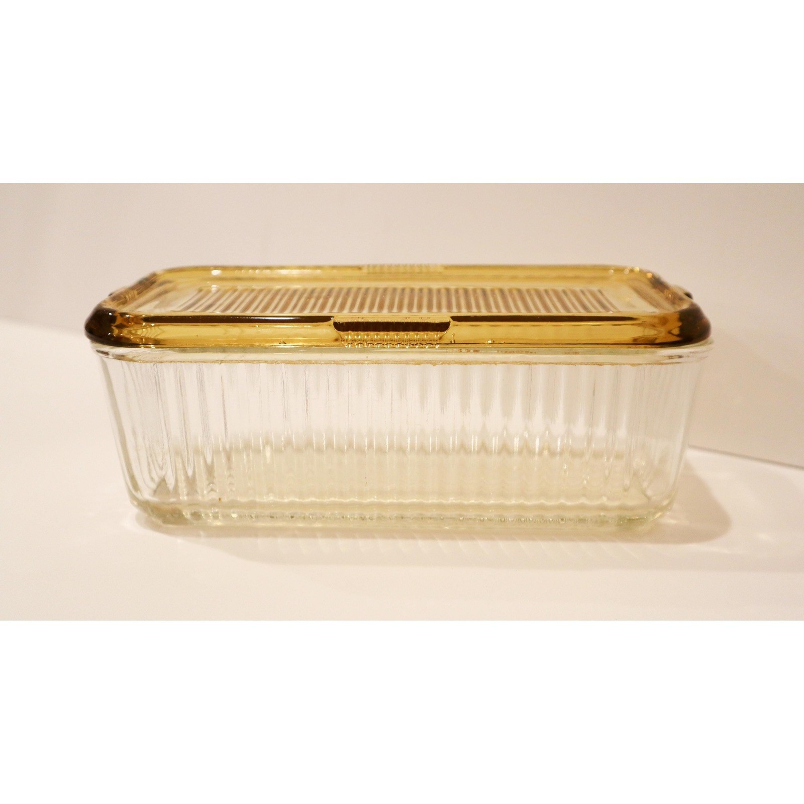 Vintage Rectangle Ribbed Clear & Yellow Refrigerator Dish Glass