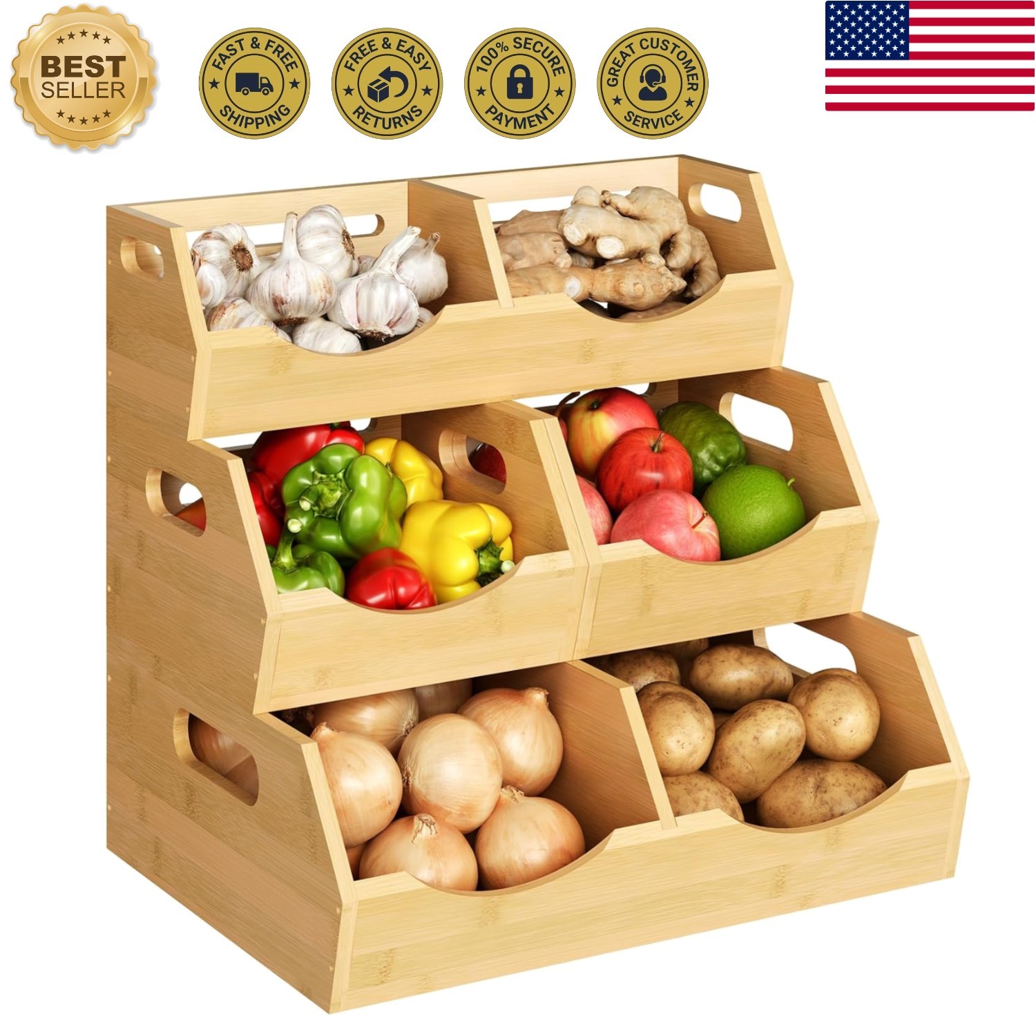 Natural Bamboo Ventilated Vegetable Storage Bin – Space-Saving 3-Tier Design