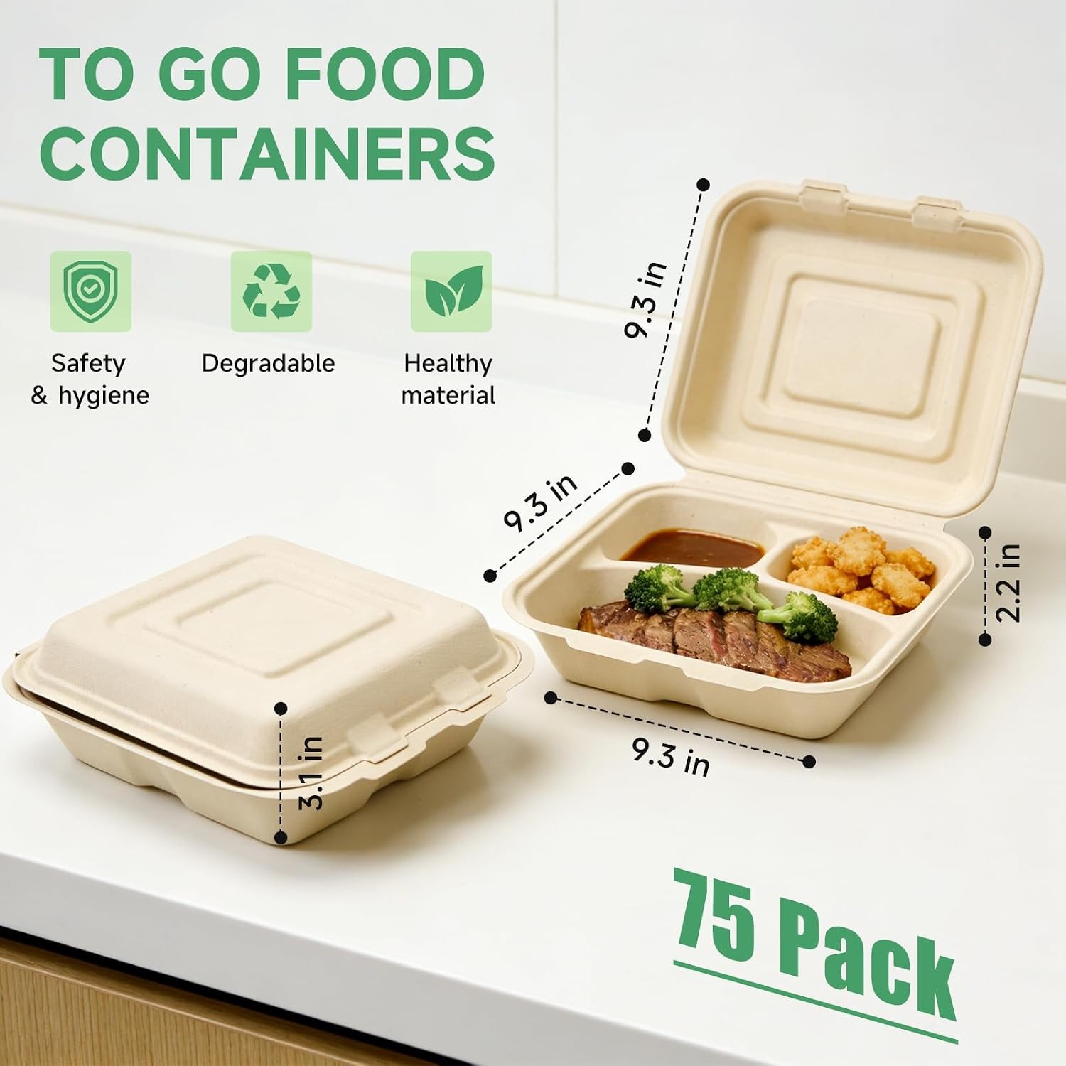 To Go Boxes 75 Pack 3 Compartment Compostable Degradable in 90 days 9×9 Inch