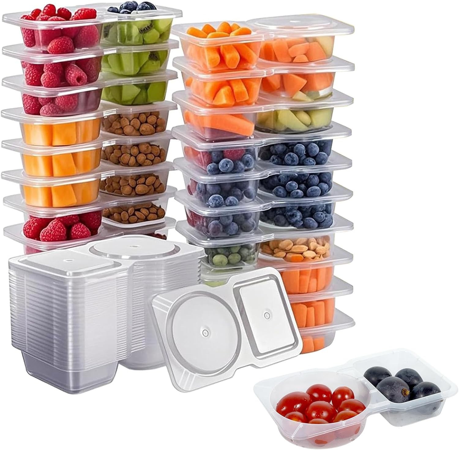 20 Pack Reusable Snack Containers with Lids, 2-Compartment Mini Snack Containers