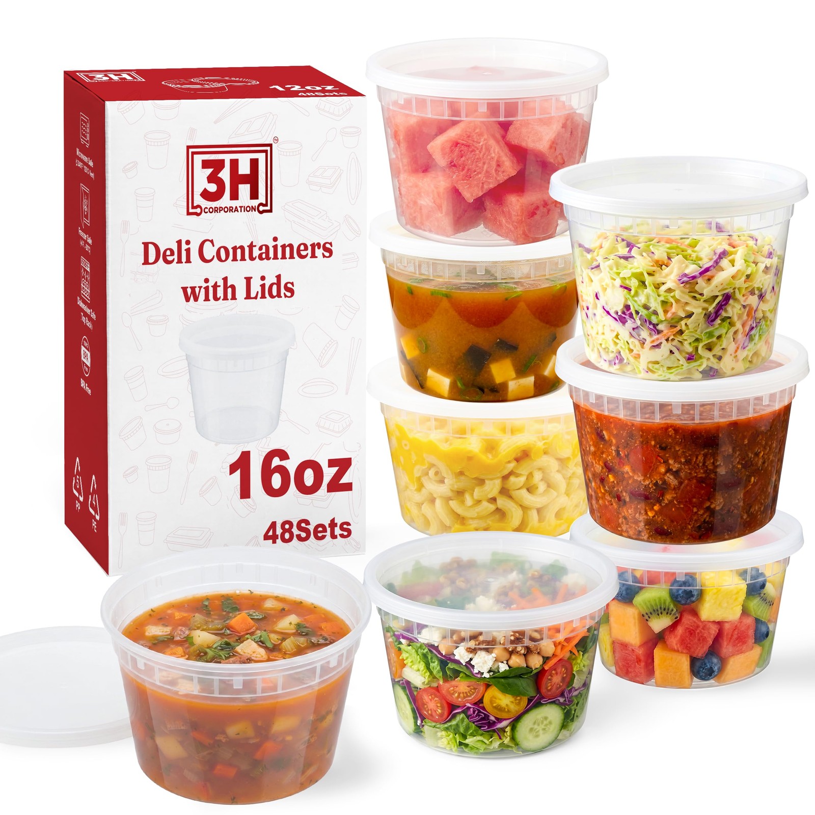3H CORPORATION 16oz Deli Containers with Lids (48 Sets) Plastic Pint Containe…