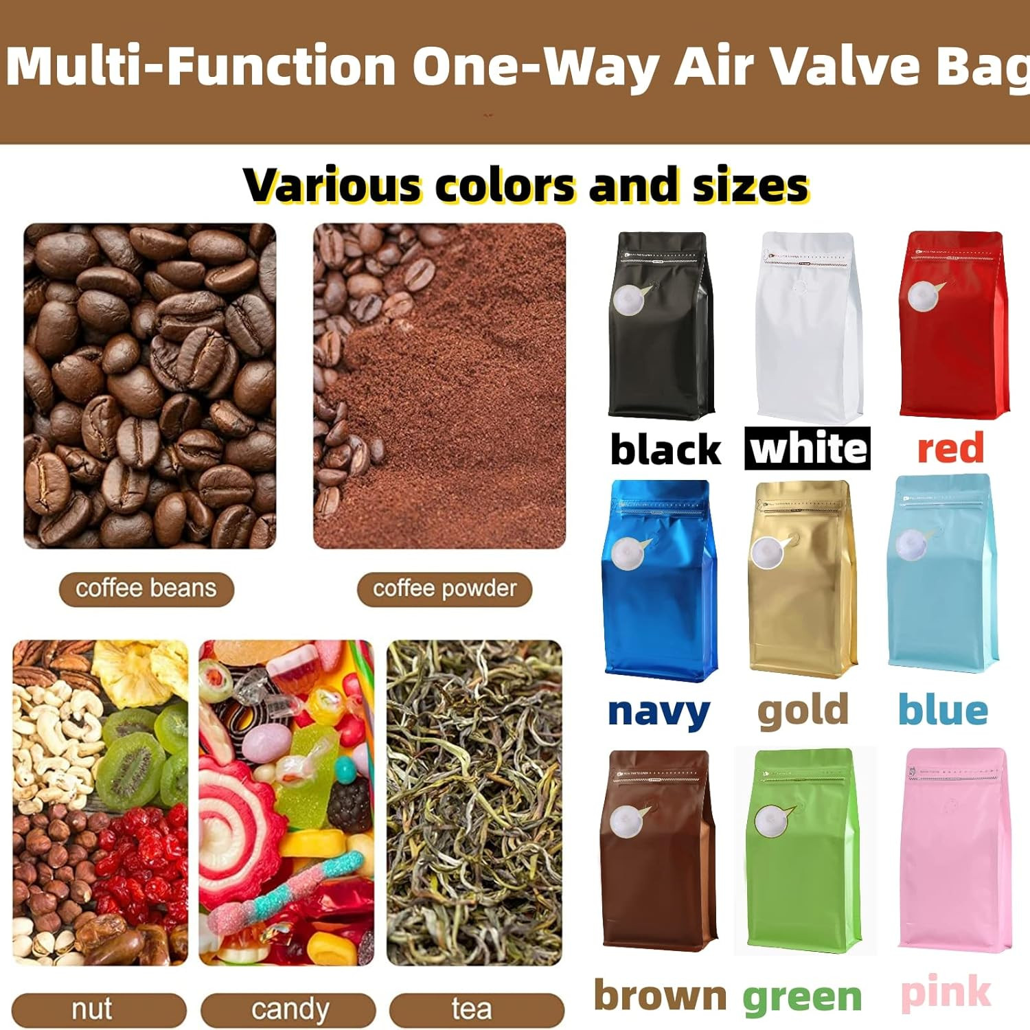 Coffee Bags with Valve(16 Oz,1 Lb,100Pcs) White High Barrier Aluminumed Foil Fla