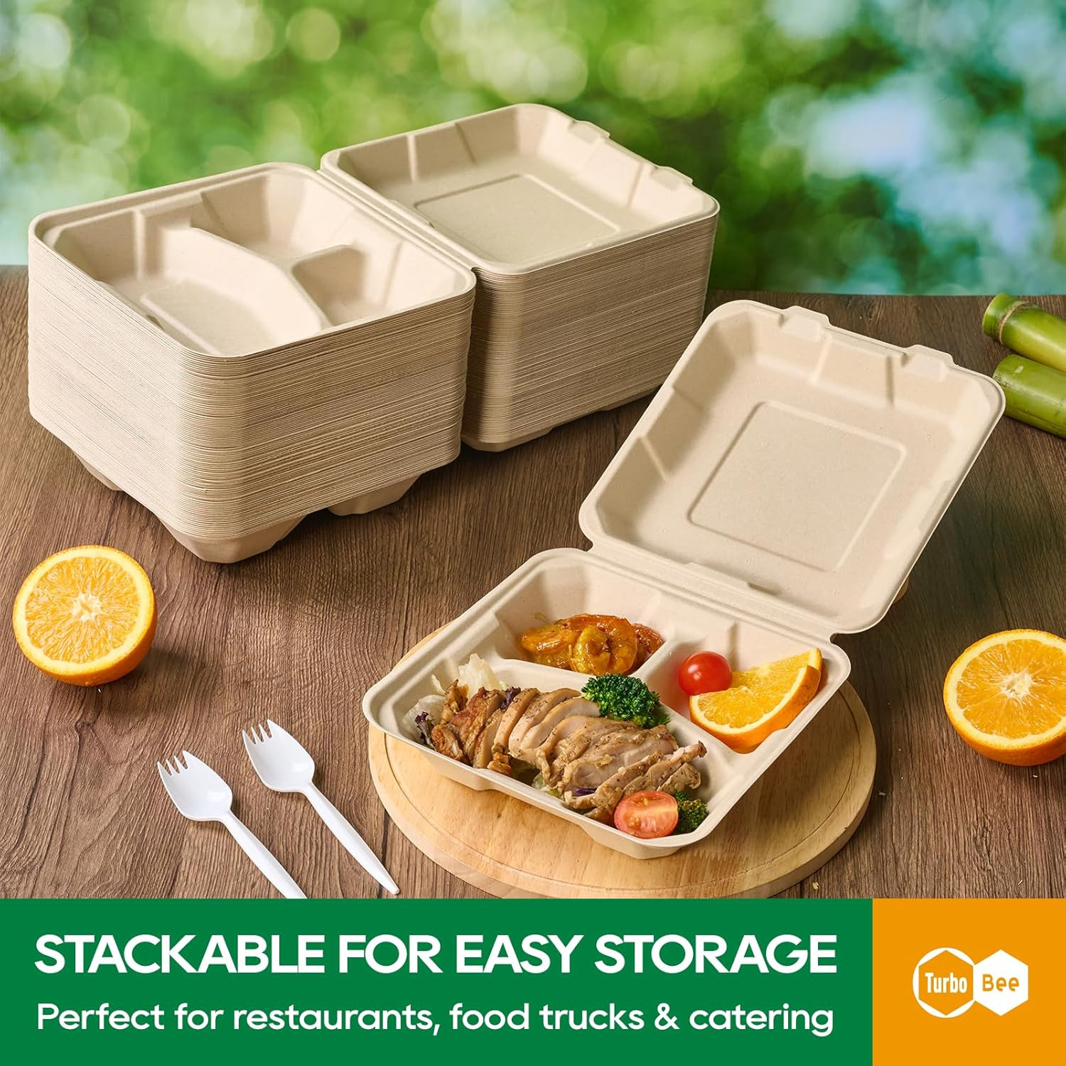 100 Pack 8X8Inch Natural 3 Compartment Take Out Containers with Lids, Disposable