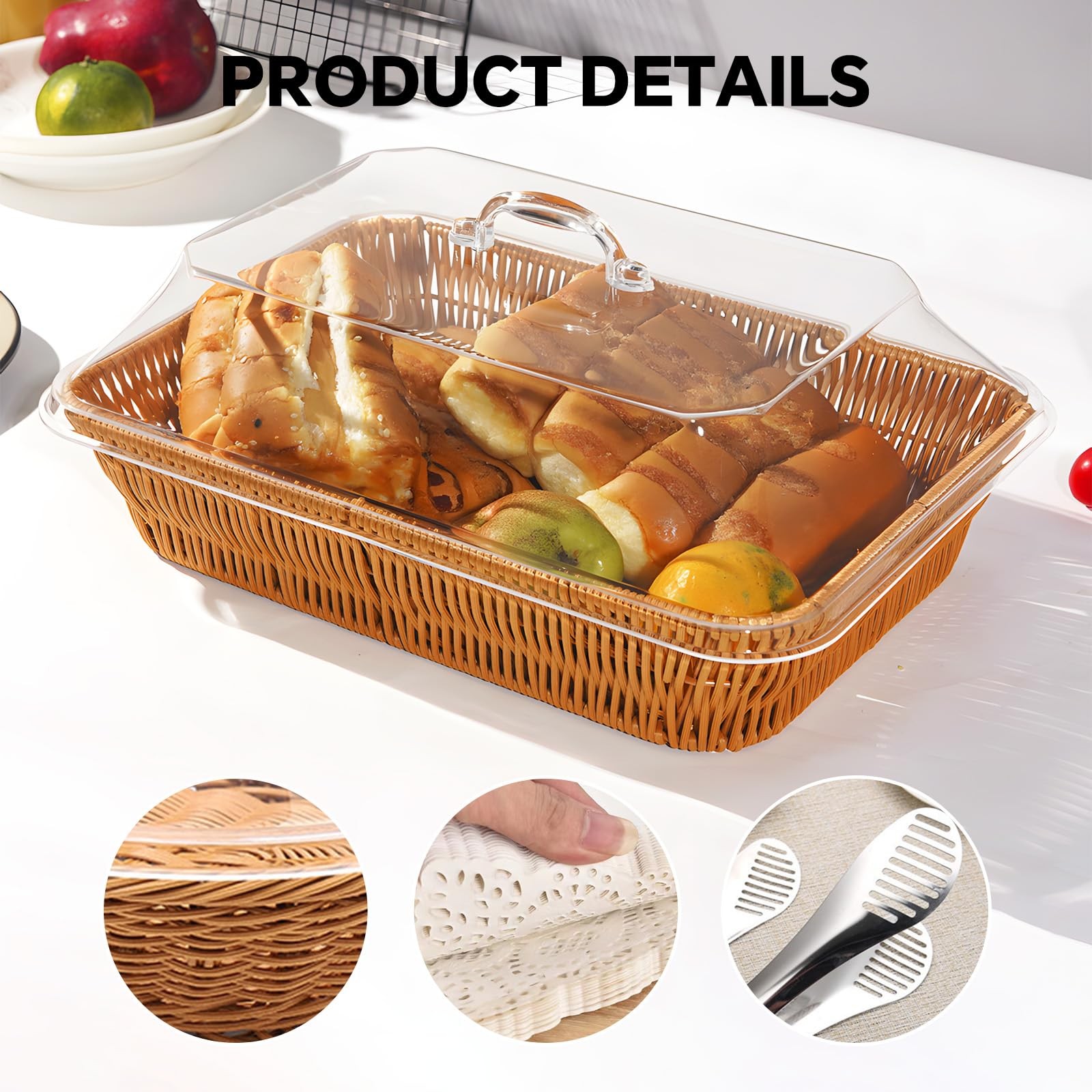 Rattan Bread Baskets, 3 Pack, rectangular Woven Baskets with Acrylic Lids, 13…
