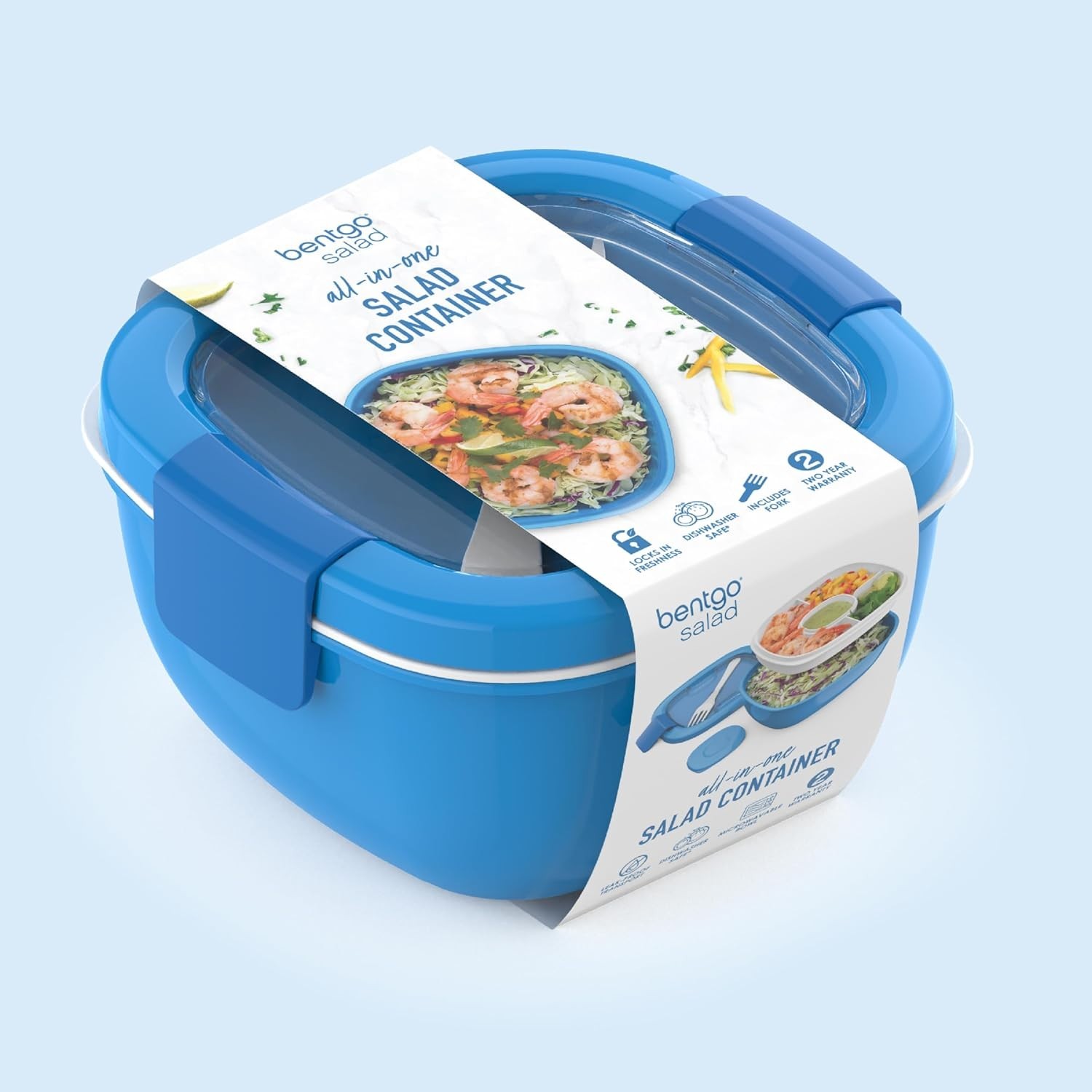 Adult Blue Salad Container with 4-Compartment Tray and Accessories
