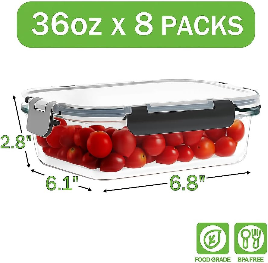 36Oz Glass Meal Prep Containers – 8 Pack with Airtight Snap Lock Lids
