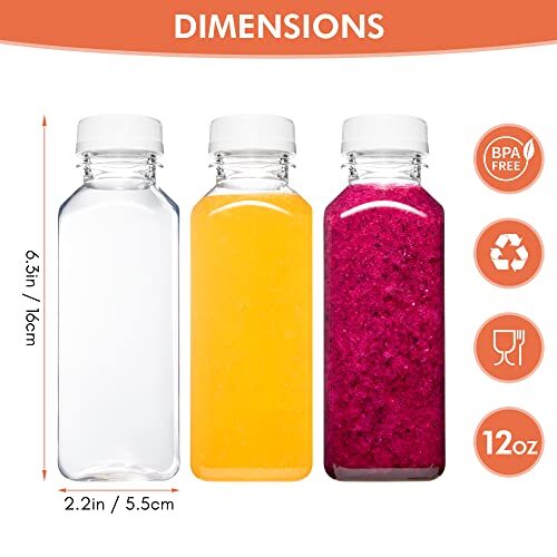 6 Pack 12oz Plastic Juice Bottles with Lid Caps for Fridge Drink Containers