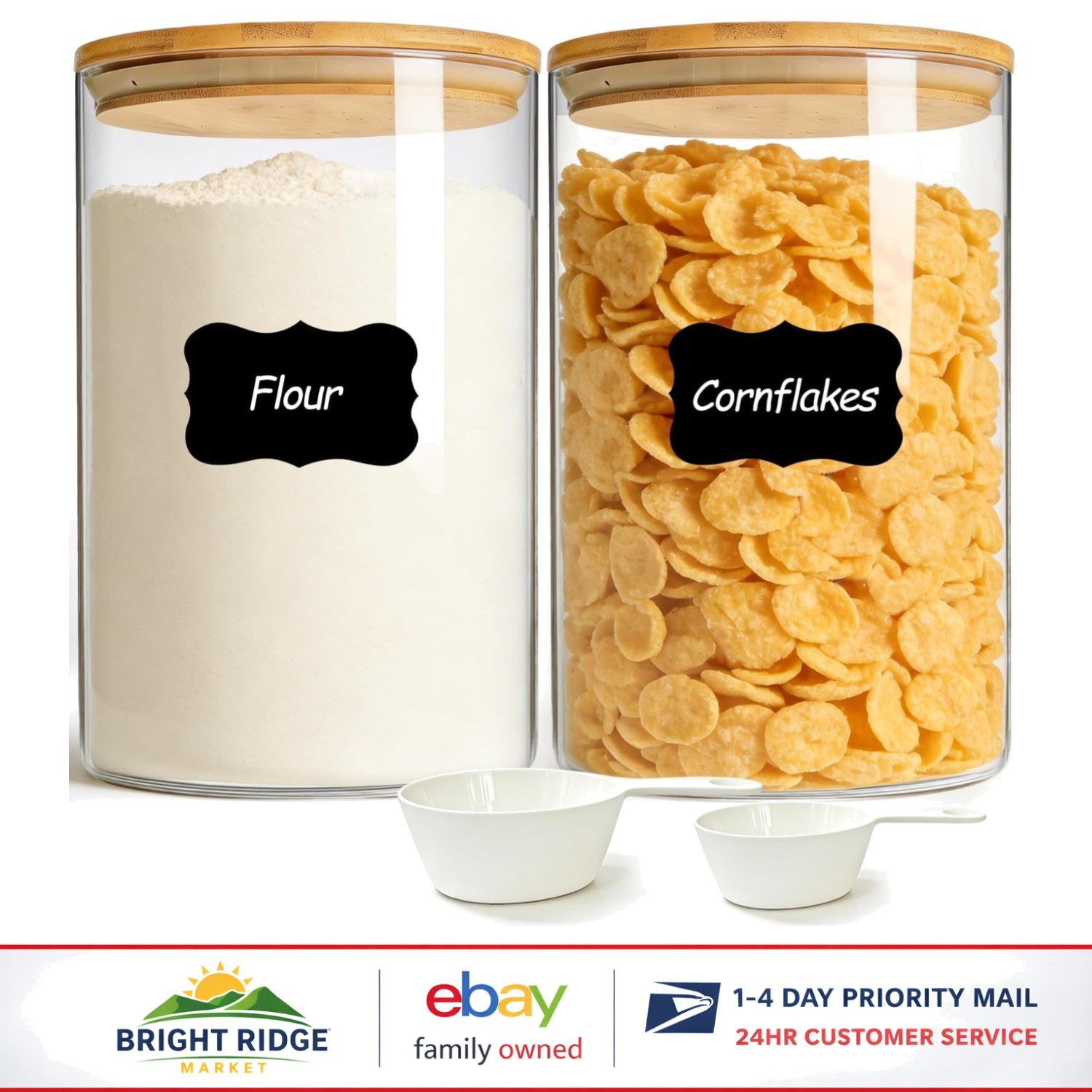 2Pcs Large Glass Storage Containers with Airtight Lids for Pantry Organization
