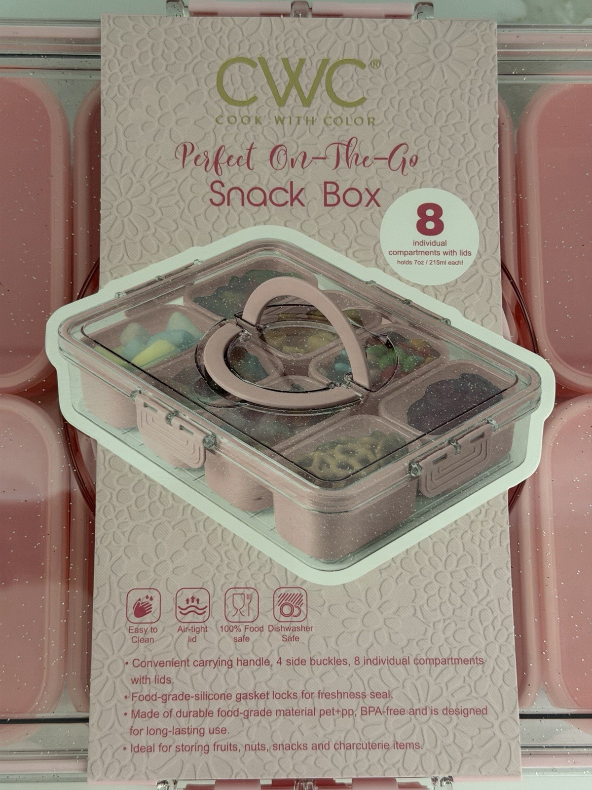 New CWC Snack Box Airtight Container 8 Separate Compartments With Lids Pink NWT