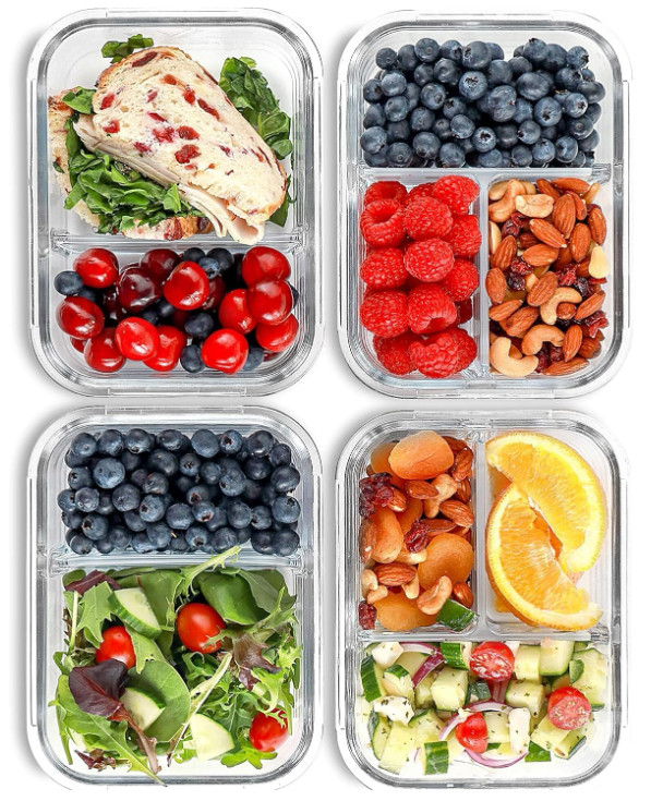 Recipientes de vidrio 32 oz con compartimentos y tapas herméticas, paquete 4