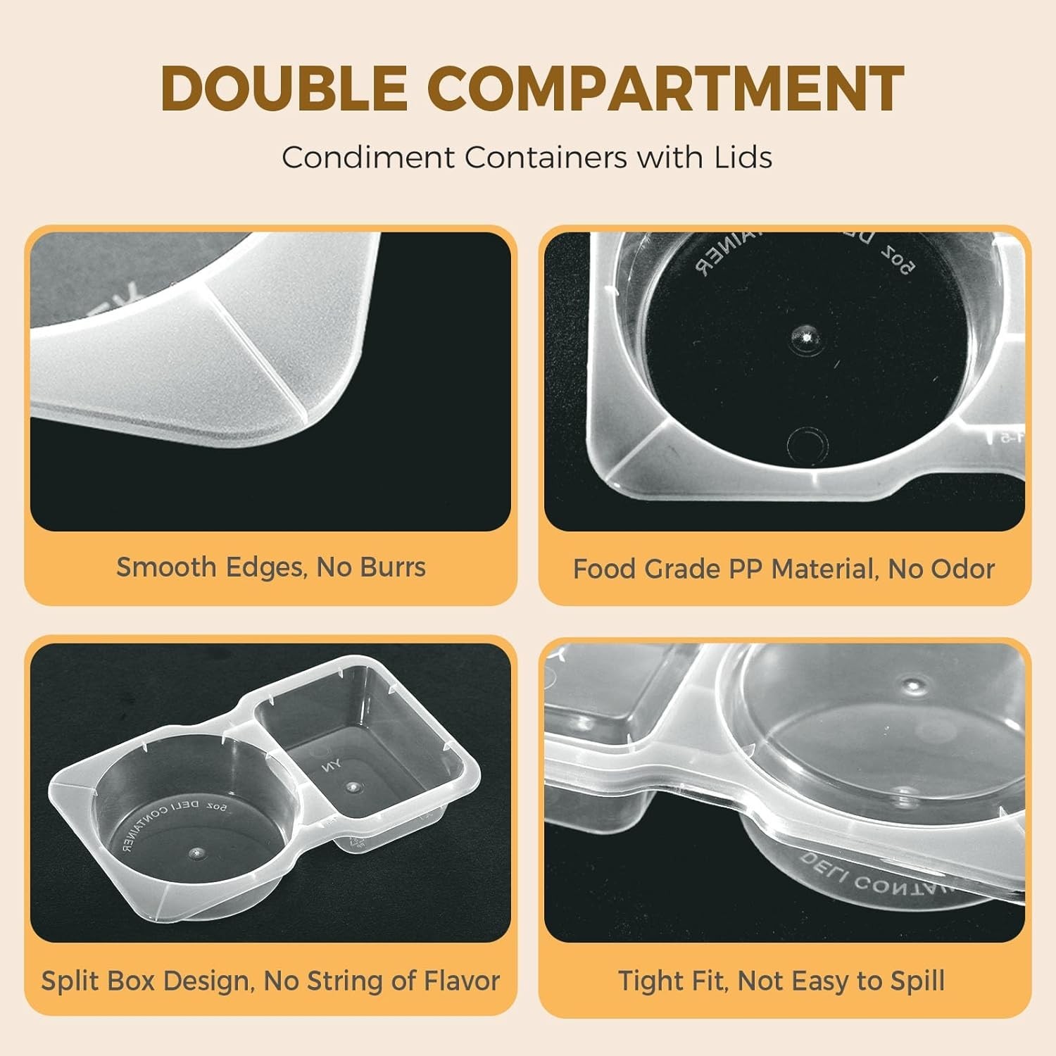 50PCS Double Compartment Condiment Containers w/ Lids Clear Snack Sauce Cups