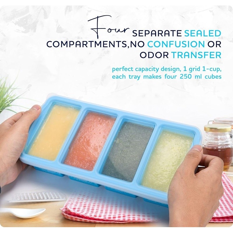 Silicone Freezer Tray W/ Lid Portion Control Snap Closure Leak Proof Design New