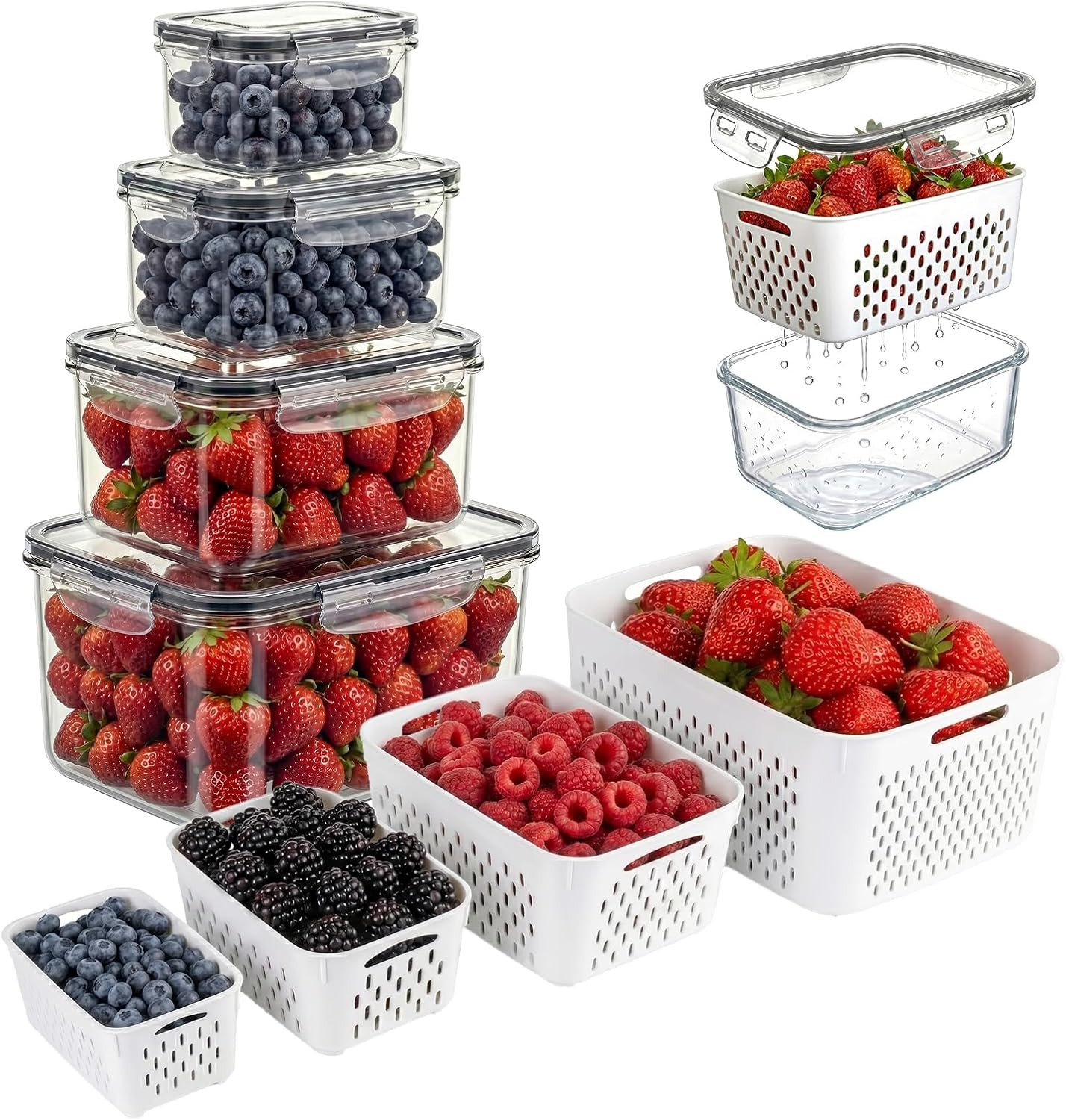 Berry Keeper Fruit Storage Containers for Fridge with Removable Colander | 4 in