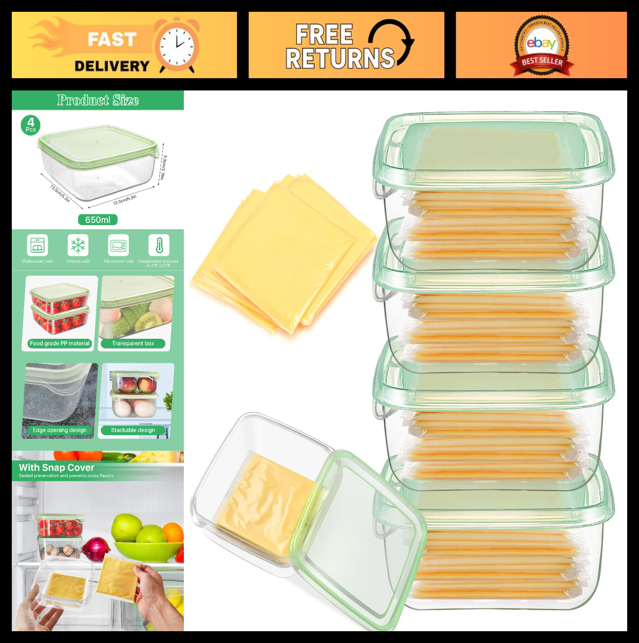 4 Pack Airtight Cheese Storage Containers with Lids, Sliced Cheese & Butter Hold
