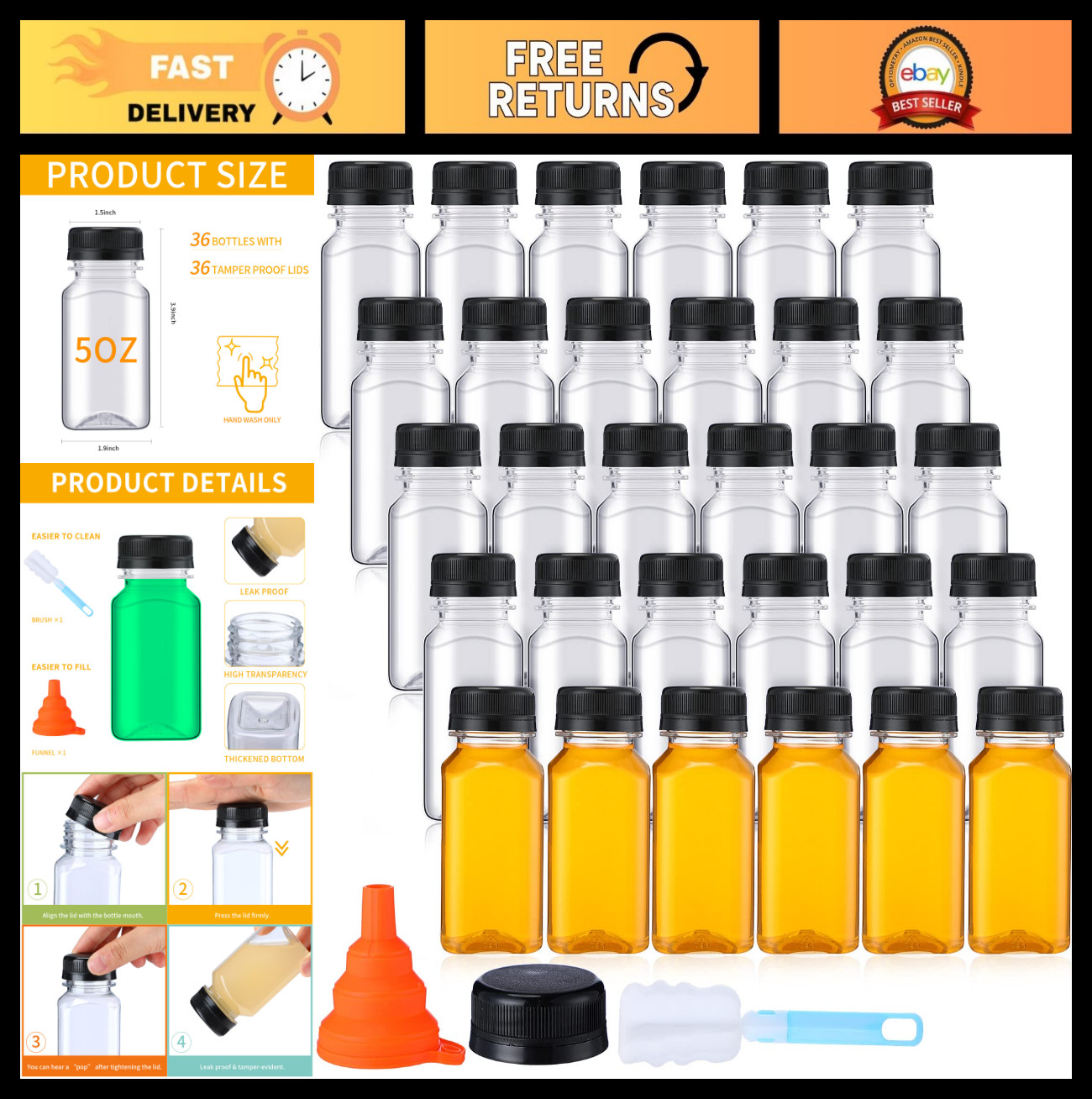 36 Pack 5 oz Clear Plastic Juice Bottles with Lids – Reusable Drink Containers,