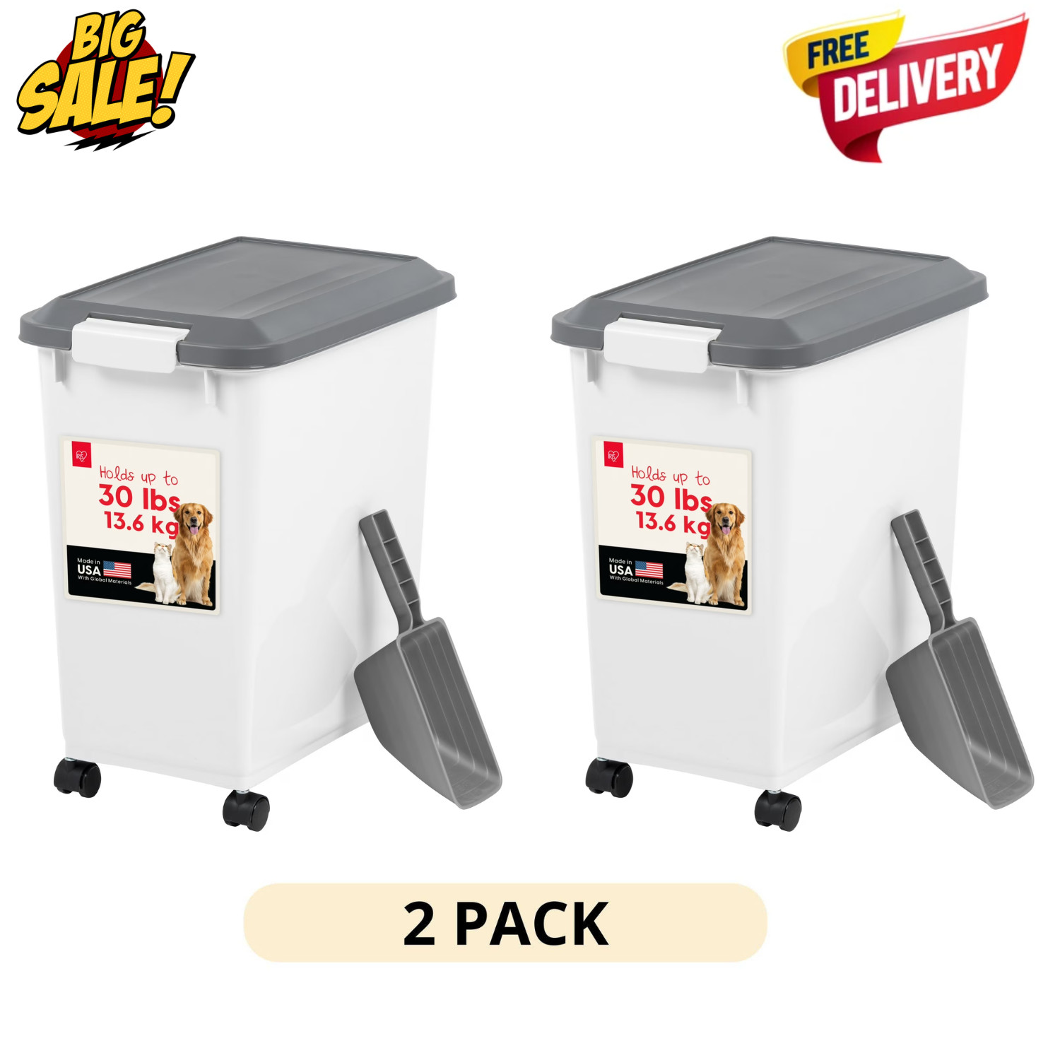 2 Pack IRIS Airtight Pet Food Container 30lb Storage Bin Scoop Lid